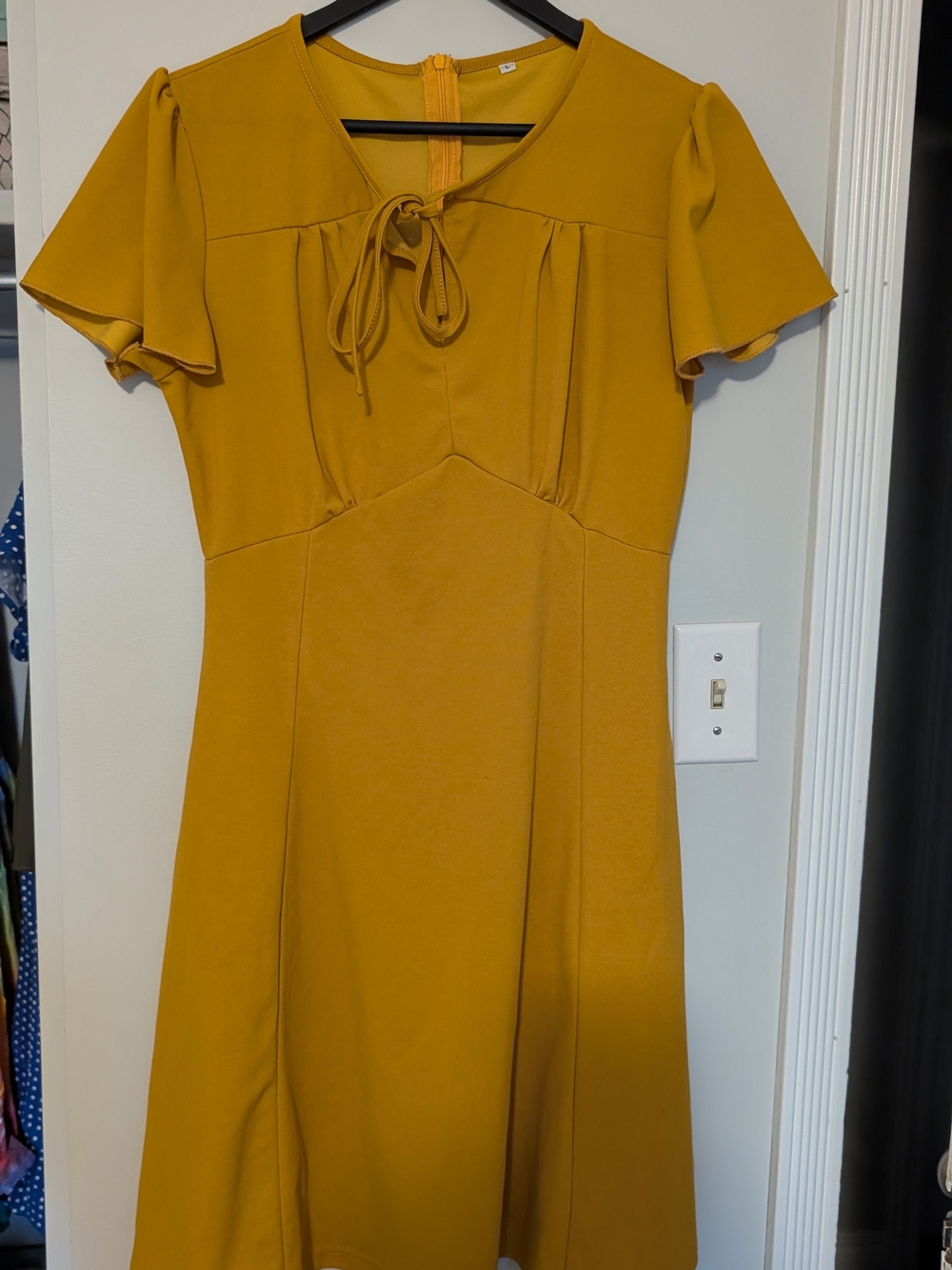 Vintage Mustard Tie-Neck A-Line Dress